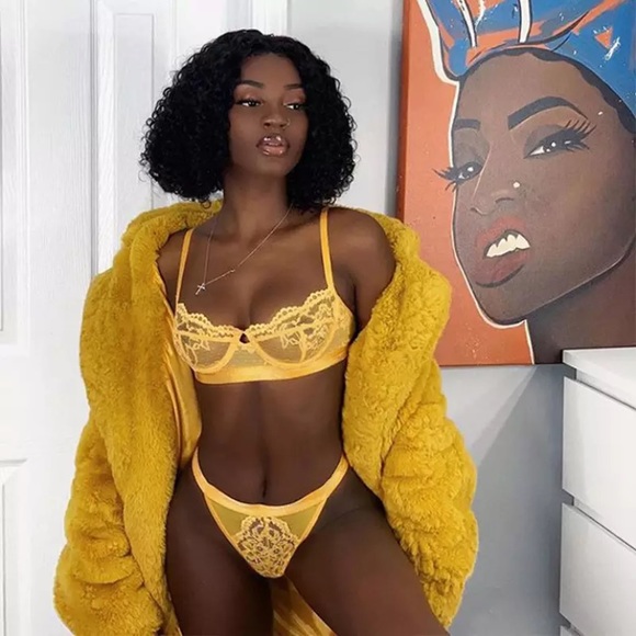 Yellow Sheer Mesh Lace 2Pc Lingerie Bra Set - Picture 4 of 8